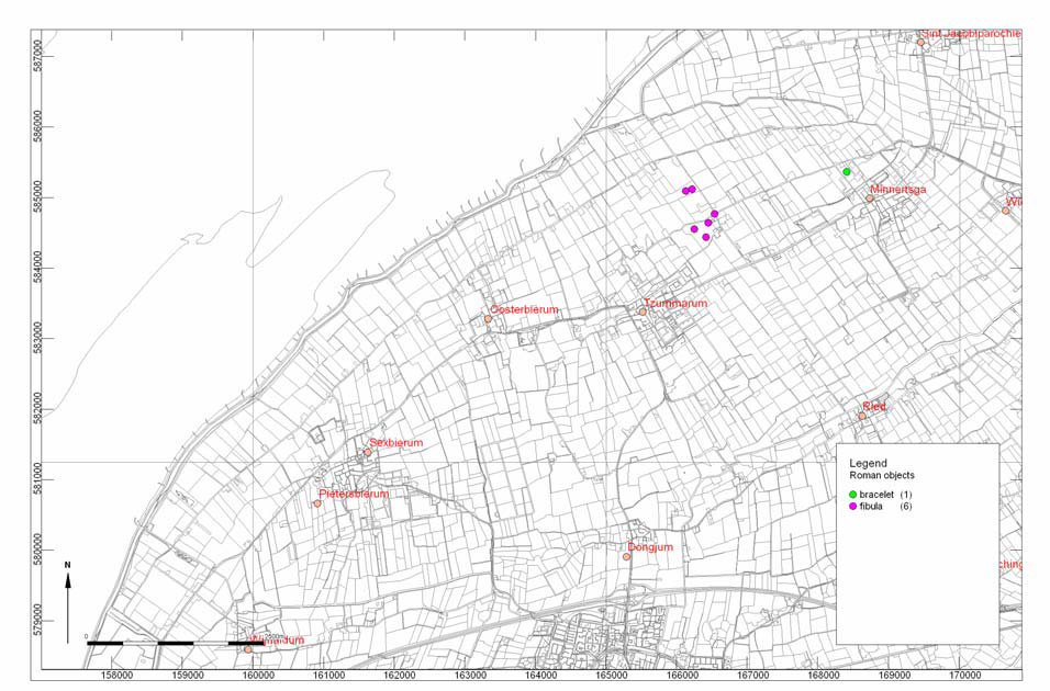 Verspreiding van metaalvondsten in Noord-Friesland, met een duidelijke concentratie van mantelspelden (‘Fibulae’) rond Firdgum.