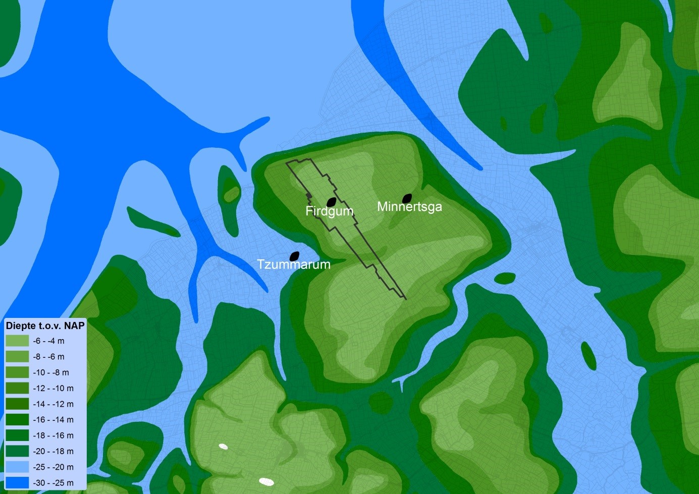 Op de pleistocene dieptekaart is onder het huidige Westergo een vertakt dalsysteem te zien (blauwe kleur). In die tijd bestond deze omgeving uit meerdere plateau’s die onderling werden gescheiden door diepe geulen. De bodems van deze geulen zijn terug te vinden op een diepte van soms meer dan vijfentwintig meter (Vos 1999, 33) Het plateau onder Firdgum ligt op een diepte van vijf tot zeven meter.