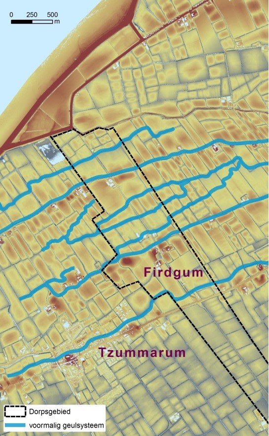 Het grillige verloop van een aantal oost-west lopende sloten markeert de ligging van voormalige geulen, die tijdens een bodemkartering in de jaren ’60 zijn aangetroffen.