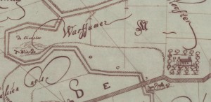 Op dit fragment van een kaart uit 1683 staan het kloosterterrein en de Kloosterwierde bij Warffum afgebeeld. Ook is op deze kaart te zien dat er een voetpad lag tussen de wierde en het klooster. De kaart is getekend door Pieter Geerdts, en is voor de duidelijkheid ingekleurd.