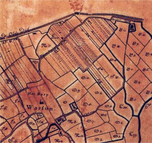 Fragment uit de kaart van Tideman uit 1734 waarop de smalle precelen op de valge duidelijk staan afgebeeld.