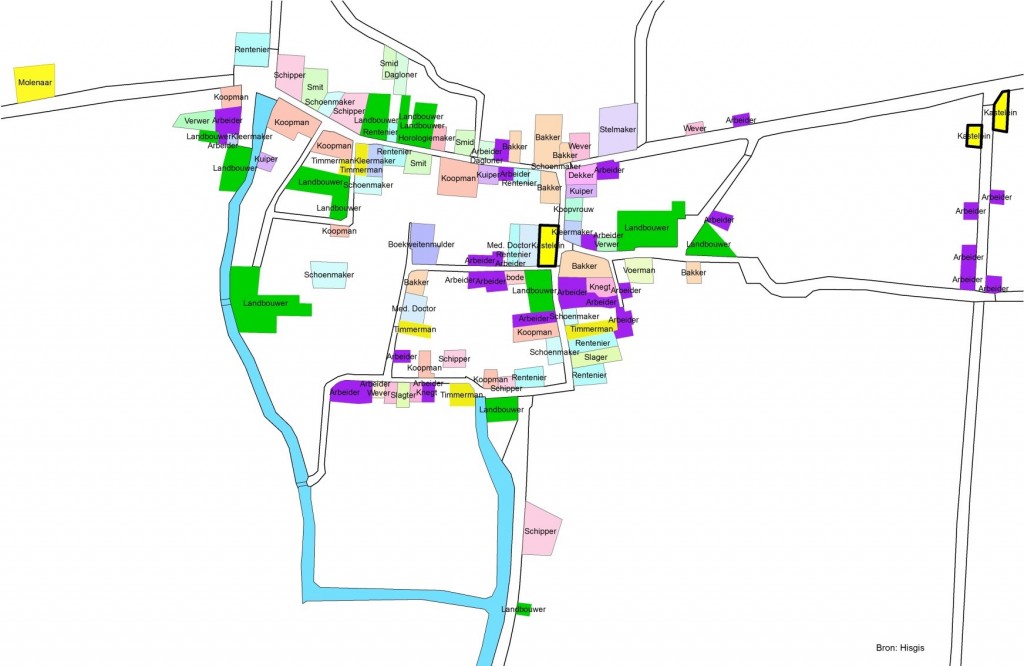 Deze afbeelding maakt duidelijk dat de meeste huizen in Ulrum bewoond werden door arbeiders en landbouwers, maar dat er daarnaast ook ruimte was voor andere beroepen: bakkers, molenaars, schippers, kuipers, twee kasteleins, een rietdekker, een dokter, kleermakers, knechten, koopmannen en koopvrouwen, wevers, smeden, ververs, boden, stelmakers, timmermannen, schoenmakers, dagloners, slagers, een veldwachter en een horlogemaker.