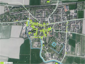 Gebouwen, wegen en waterwegen omstreeks 1832 geprojecteerd op een luchtfoto van nu.