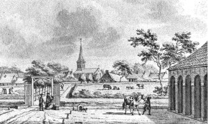 Gezicht op Ulrum vanaf het borgterrein. (tekening: J. Bulthuis (1750-1801). De afbeelding is afkomstig uit het boekje De Marne als éénheid, 1971.