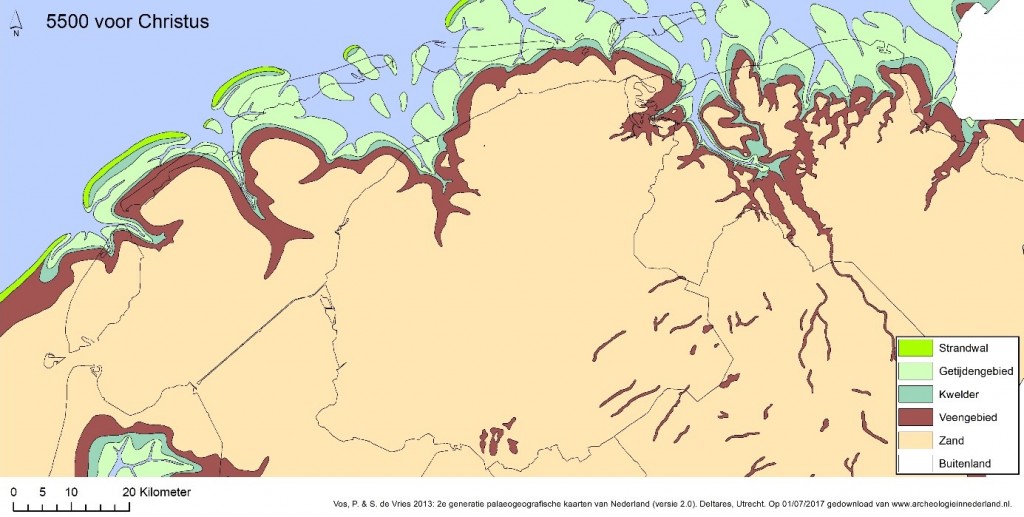 De paleogeografische kaart laat zien hoe Noord-Nederland er rond 5500 voor Christus in grote lijnen uitzag. Grote delen van Groningen en Friesland lag het pleistocene dekzand nog aan de oppervlakte. Aan de randen van de dekzandplateaus werd het steeds vochtiger door de stijgende zeespiegel waardoor hier veen tot ontwikkeling kwam. Iets ten noorden van de huidige Waddeneilanden ontstonden strandwallen.