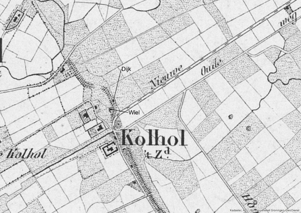 Op de Topografisch Militaire kaart uit het jaar 1850 staan zowel de dijk als het wiel aangegeven. Ter hoogte van het wiel maakt de dijk een duidelijke kronkel.