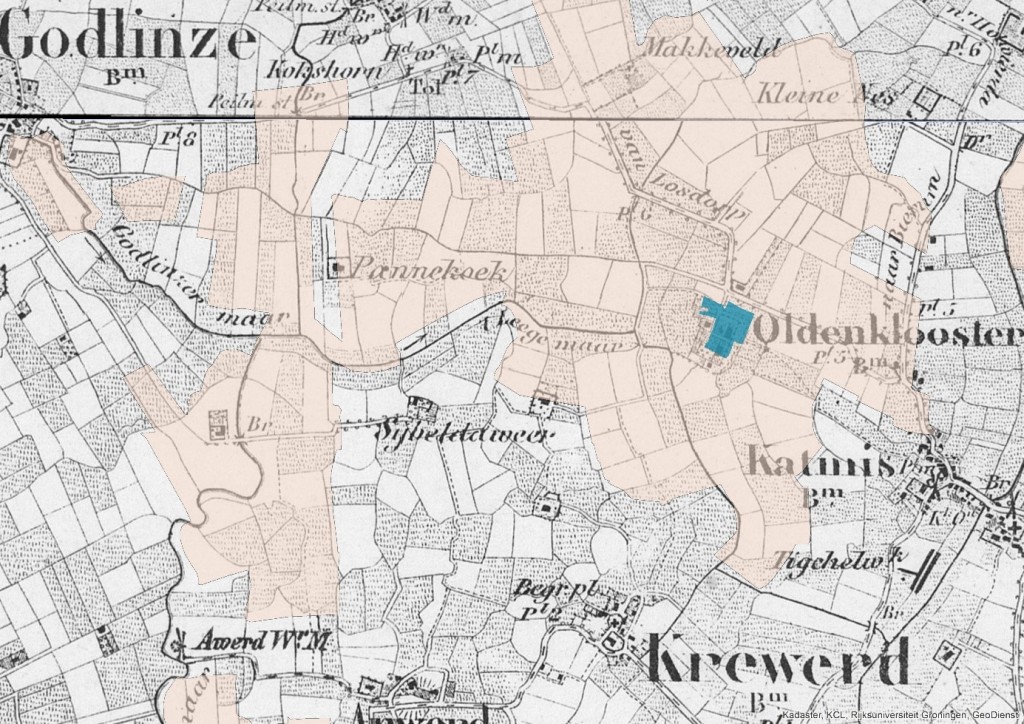 Het klooster Feldwerd wordt op een kaart uit 1850 vermeldt als Oldenklooster. De landerijen tussen Godlinze en Feldwerd waren voor een overgroot deel in bezit van het klooster. Bron: Topografisch Militaire kaart, kloosterbezittingen (fryske akademy)
